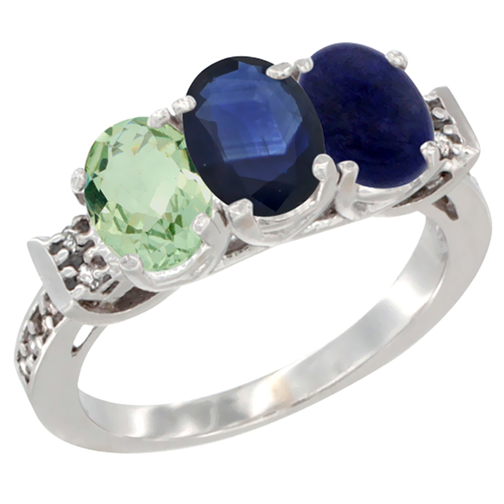 10K White Gold Natural Green Amethyst, Blue Sapphire & Lapis Ring 3-Stone Oval 7x5 mm Diamond Accent, sizes 5 - 10