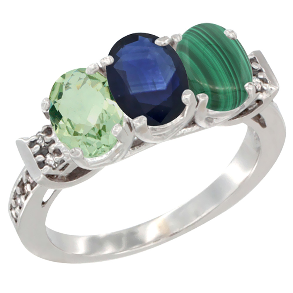 14K White Gold Natural Green Amethyst, Blue Sapphire &amp; Malachite Ring 3-Stone 7x5 mm Oval Diamond Accent, sizes 5 - 10