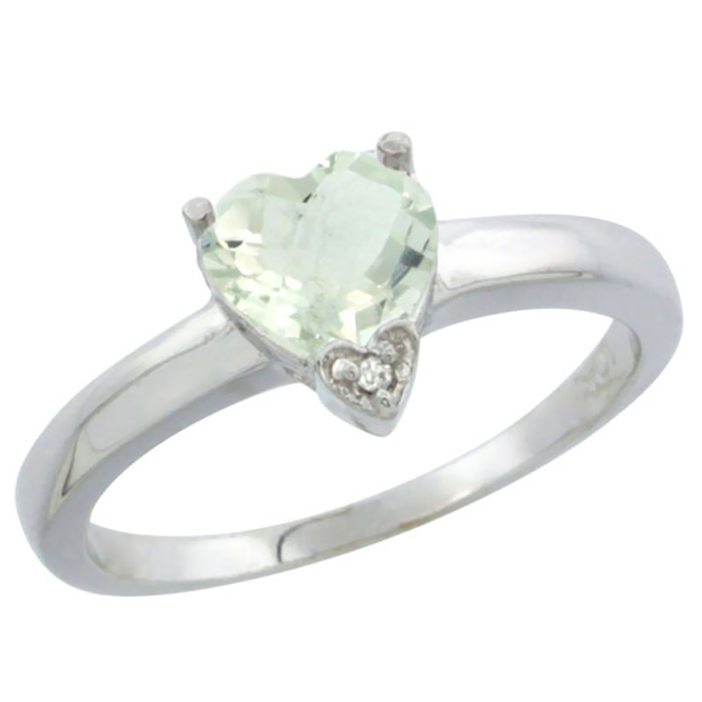 10K White Gold Genuine Green Amethyst Heart 7x7mm Diamond Accent sizes 5-10