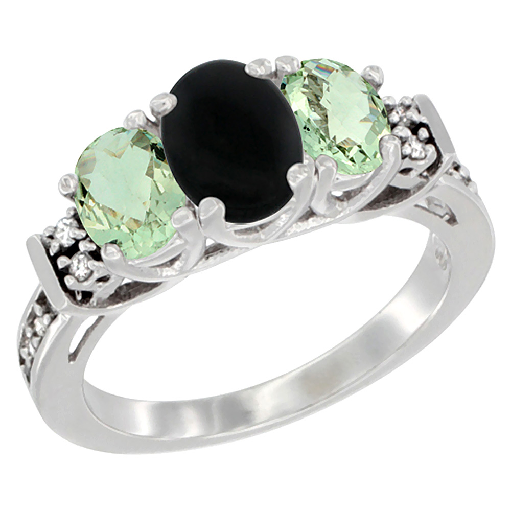 14K White Gold Natural Black Onyx &amp; Green Amethyst Ring 3-Stone Oval Diamond Accent, sizes 5-10