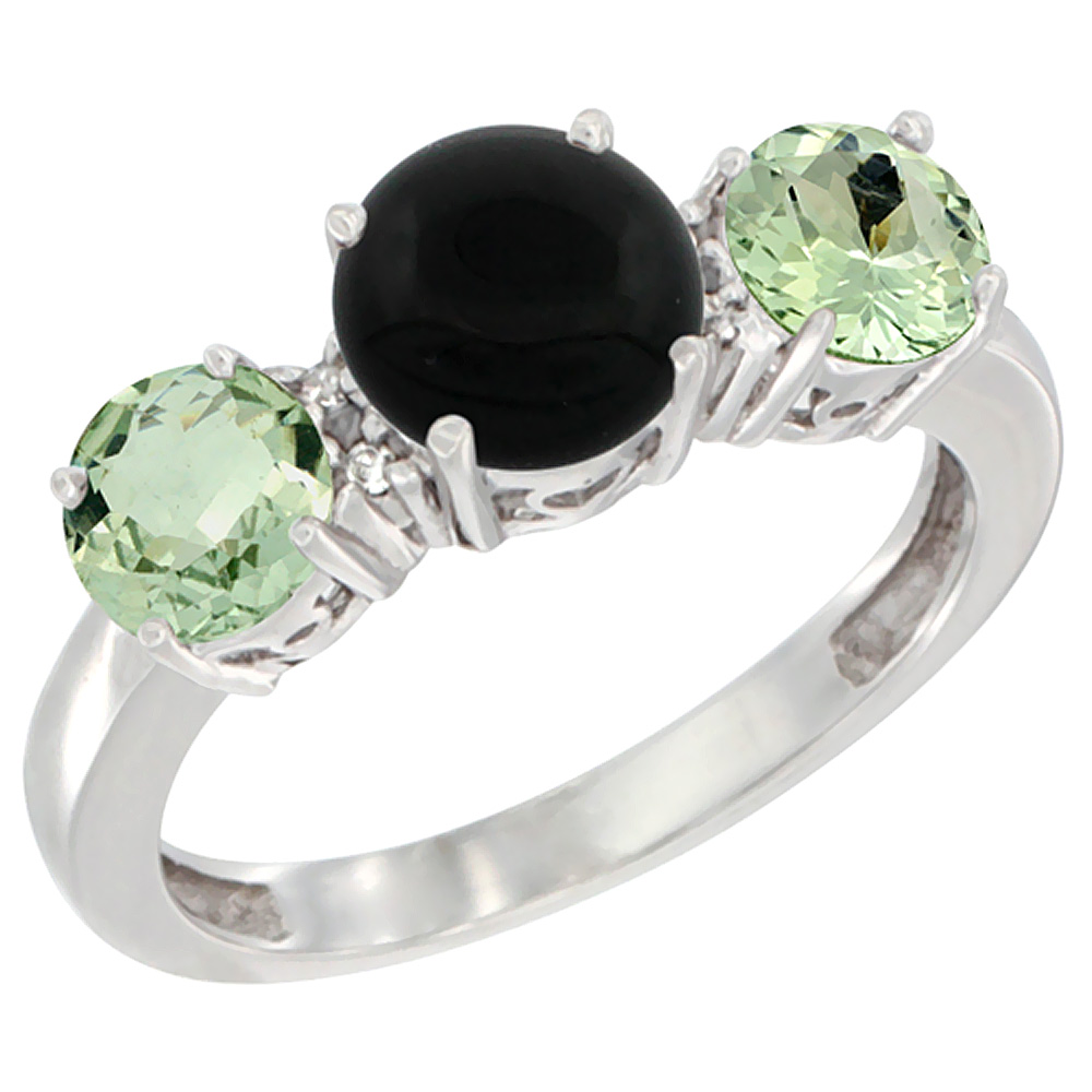 10K White Gold Round 3-Stone Natural Black Onyx Ring & Green Amethyst Sides Diamond Accent, sizes 5 - 10