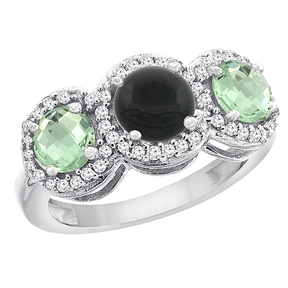 10K White Gold Natural Black Onyx & Green Amethyst Sides Round 3-stone Ring Diamond Accents, sizes 5 - 10