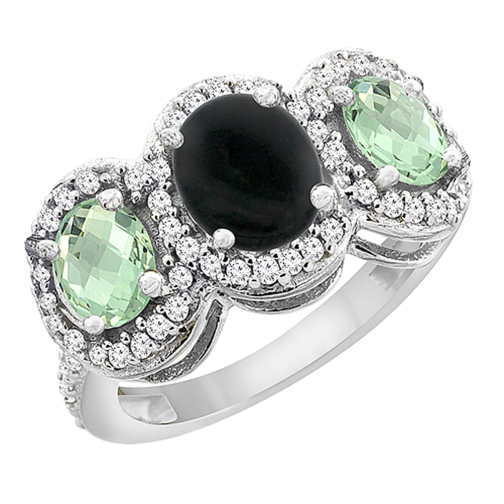 14K White Gold Natural Black Onyx &amp; Green Amethyst 3-Stone Ring Oval Diamond Accent, sizes 5 - 10