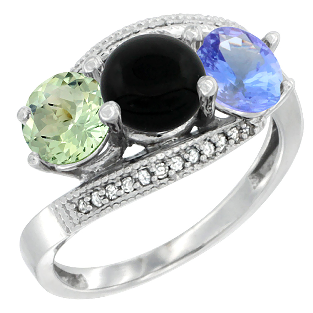 14K White Gold Natural Green Amethyst, Black Onyx & Tanzanite 3 stone Ring Round 6mm Diamond Accent, sizes 5 - 10