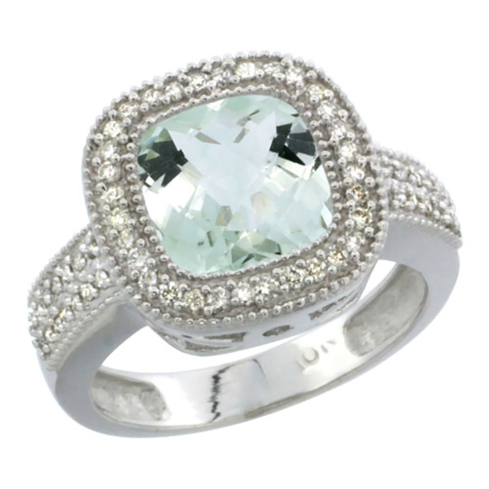 10K White Gold Genuine Green Amethyst Ring Cushion-cut 9x9mm Diamond Accent sizes 5-10