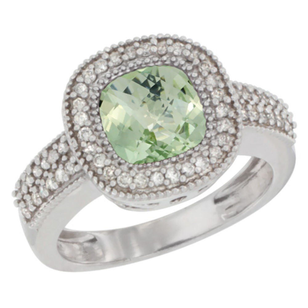 14K White Gold Natural Green Amethyst Ring Cushion-cut 7x7mm Diamond Accent, sizes 5-10