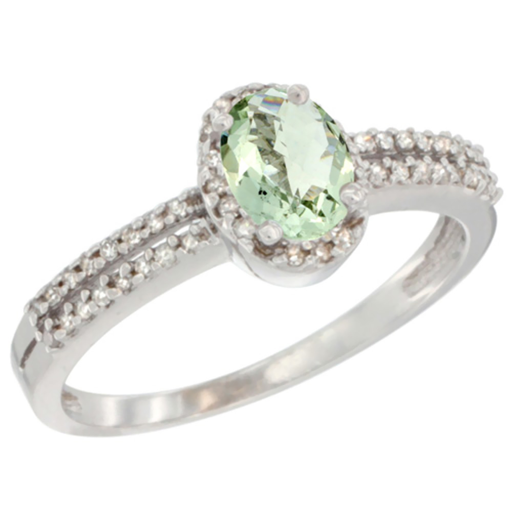 14K White Gold Natural Green Amethyst Ring Oval 6x4mm Diamond Accent, sizes 5-10