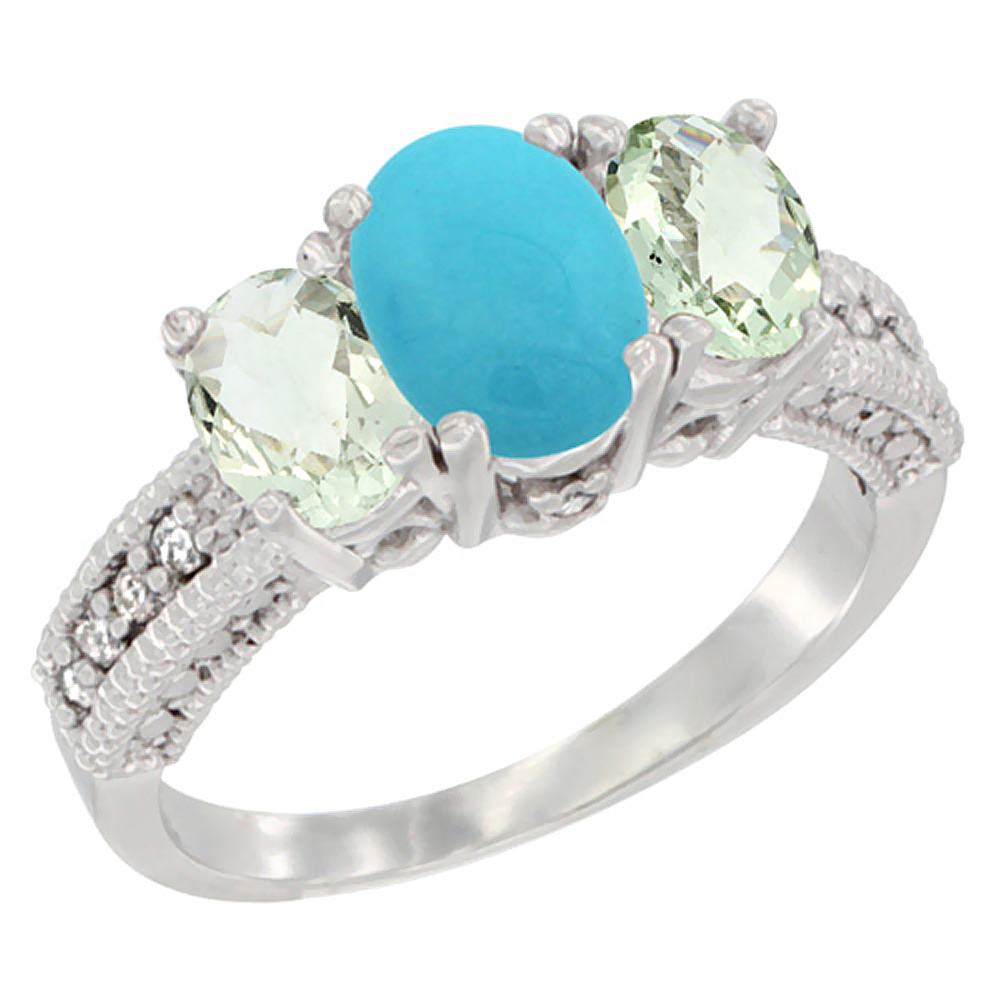 14K White Gold Diamond Natural Turquoise Ring Oval 3-stone with Green Amethyst, sizes 5 - 10