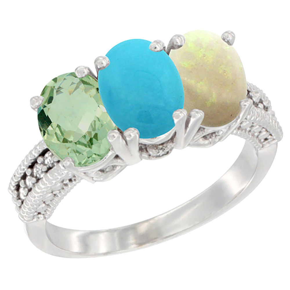 10K White Gold Natural Green Amethyst, Turquoise & Opal Ring 3-Stone Oval 7x5 mm Diamond Accent, sizes 5 - 10