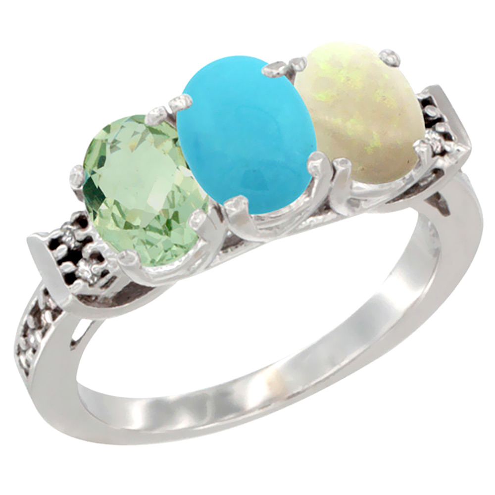 14K White Gold Natural Green Amethyst, Turquoise & Opal Ring 3-Stone 7x5 mm Oval Diamond Accent, sizes 5 - 10