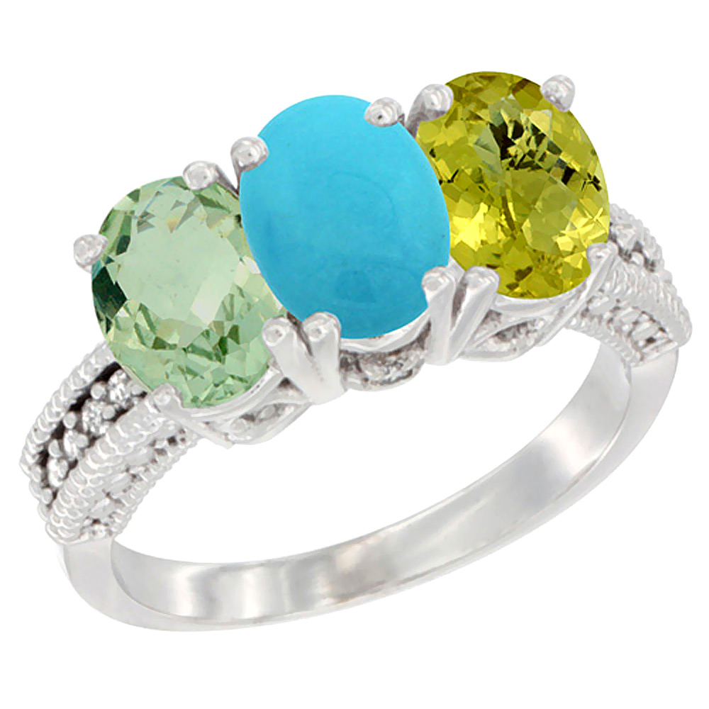 14K White Gold Natural Green Amethyst, Turquoise & Lemon Quartz Ring 3-Stone 7x5 mm Oval Diamond Accent, sizes 5 - 10