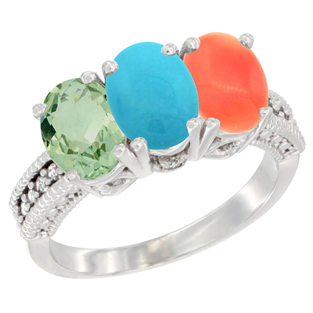 10K White Gold Natural Green Amethyst, Turquoise & Coral Ring 3-Stone Oval 7x5 mm Diamond Accent, sizes 5 - 10