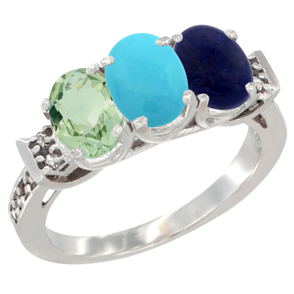 10K White Gold Natural Green Amethyst, Turquoise & Lapis Ring 3-Stone Oval 7x5 mm Diamond Accent, sizes 5 - 10