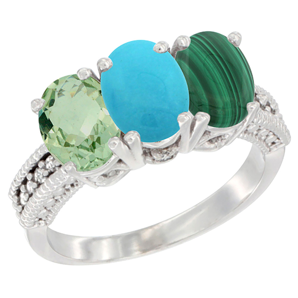 10K White Gold Natural Green Amethyst, Turquoise & Malachite Ring 3-Stone Oval 7x5 mm Diamond Accent, sizes 5 - 10