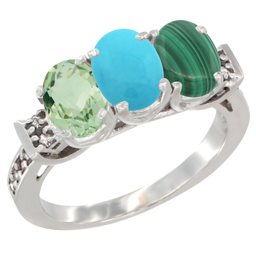 10K White Gold Natural Green Amethyst, Turquoise &amp; Malachite Ring 3-Stone Oval 7x5 mm Diamond Accent, sizes 5 - 10