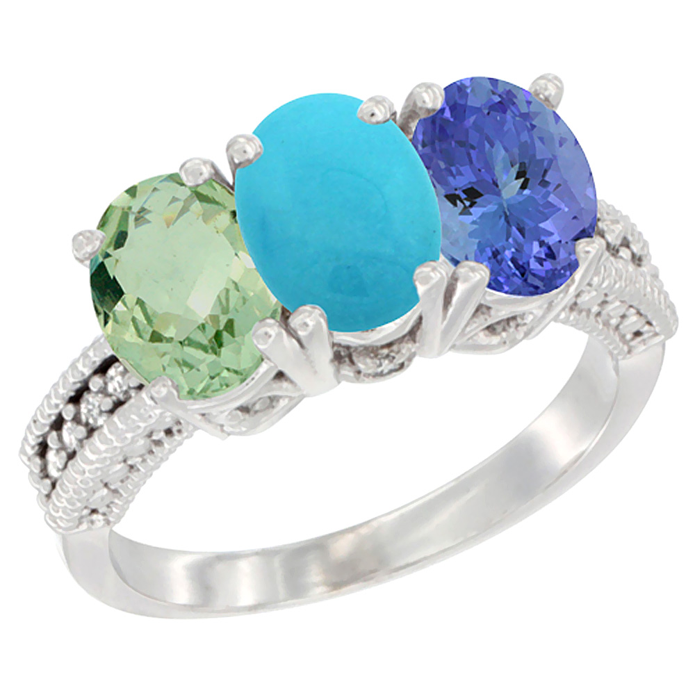 14K White Gold Natural Green Amethyst, Turquoise & Tanzanite Ring 3-Stone 7x5 mm Oval Diamond Accent, sizes 5 - 10