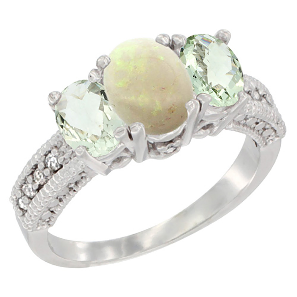 14K White Gold Diamond Natural Opal Ring Oval 3-stone with Green Amethyst, sizes 5 - 10