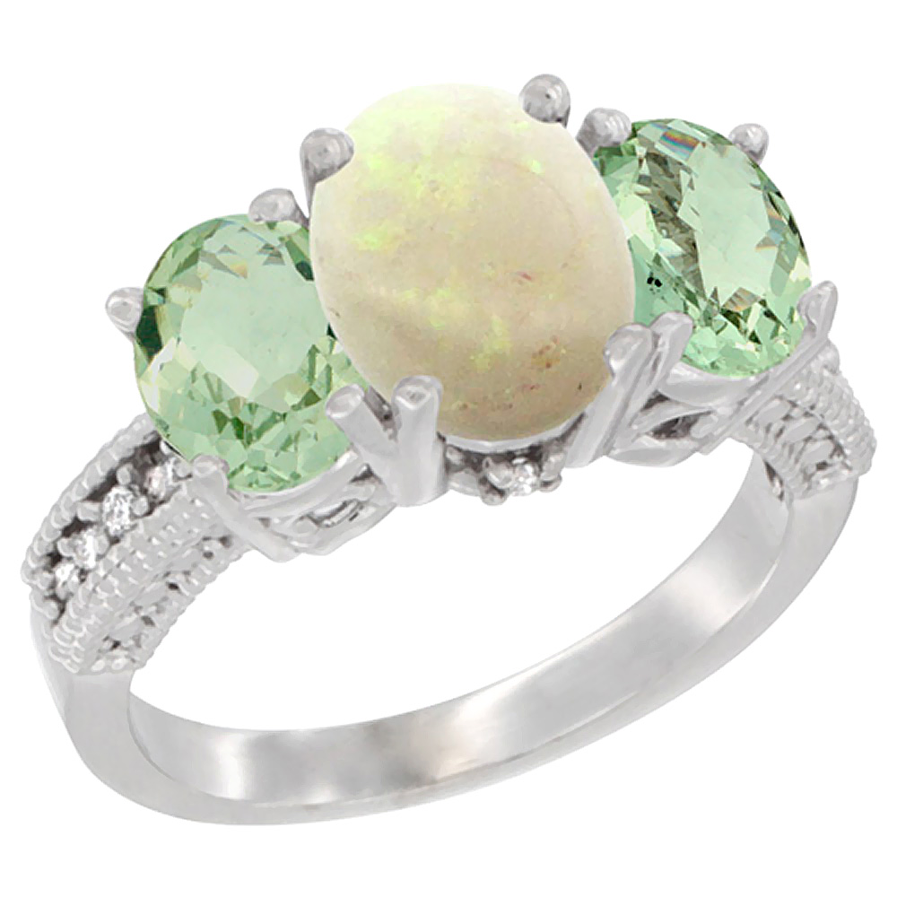 14K White Gold Diamond Natural Opal Ring 3-Stone Oval 8x6mm with Green Amethyst, sizes5-10