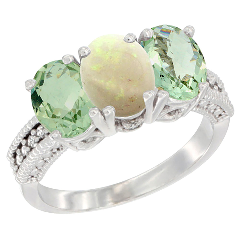14K White Gold Natural Opal & Green Amethyst Sides Ring 3-Stone 7x5 mm Oval Diamond Accent, sizes 5 - 10