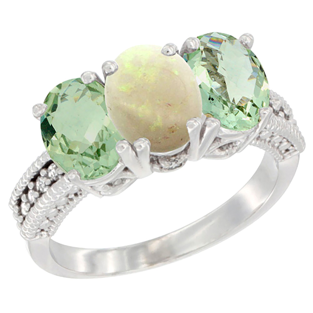 10K White Gold Natural Opal &amp; Green Amethyst Sides Ring 3-Stone Oval 7x5 mm Diamond Accent, sizes 5 - 10