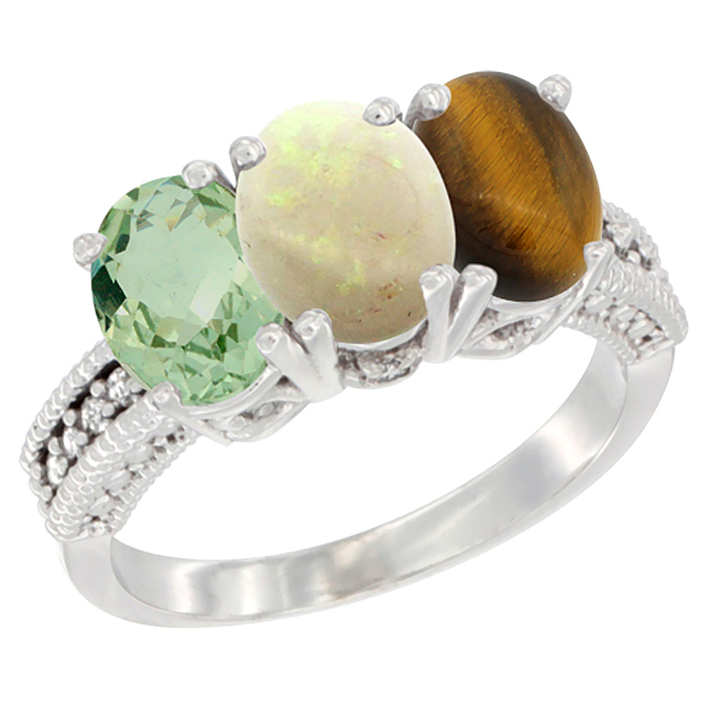 14K White Gold Natural Green Amethyst, Opal & Tiger Eye Ring 3-Stone 7x5 mm Oval Diamond Accent, sizes 5 - 10