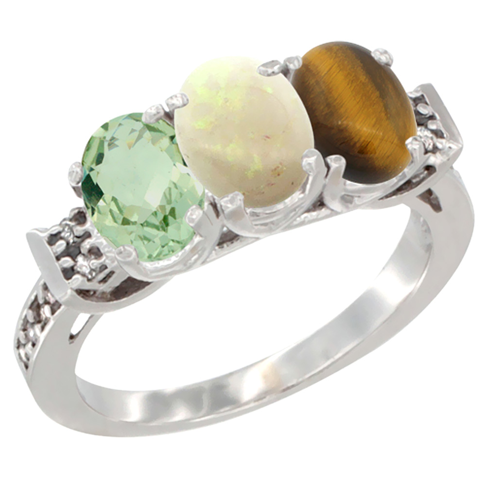 10K White Gold Natural Green Amethyst, Opal & Tiger Eye Ring 3-Stone Oval 7x5 mm Diamond Accent, sizes 5 - 10