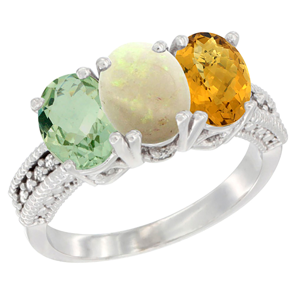 10K White Gold Natural Green Amethyst, Opal &amp; Whisky Quartz Ring 3-Stone Oval 7x5 mm Diamond Accent, sizes 5 - 10