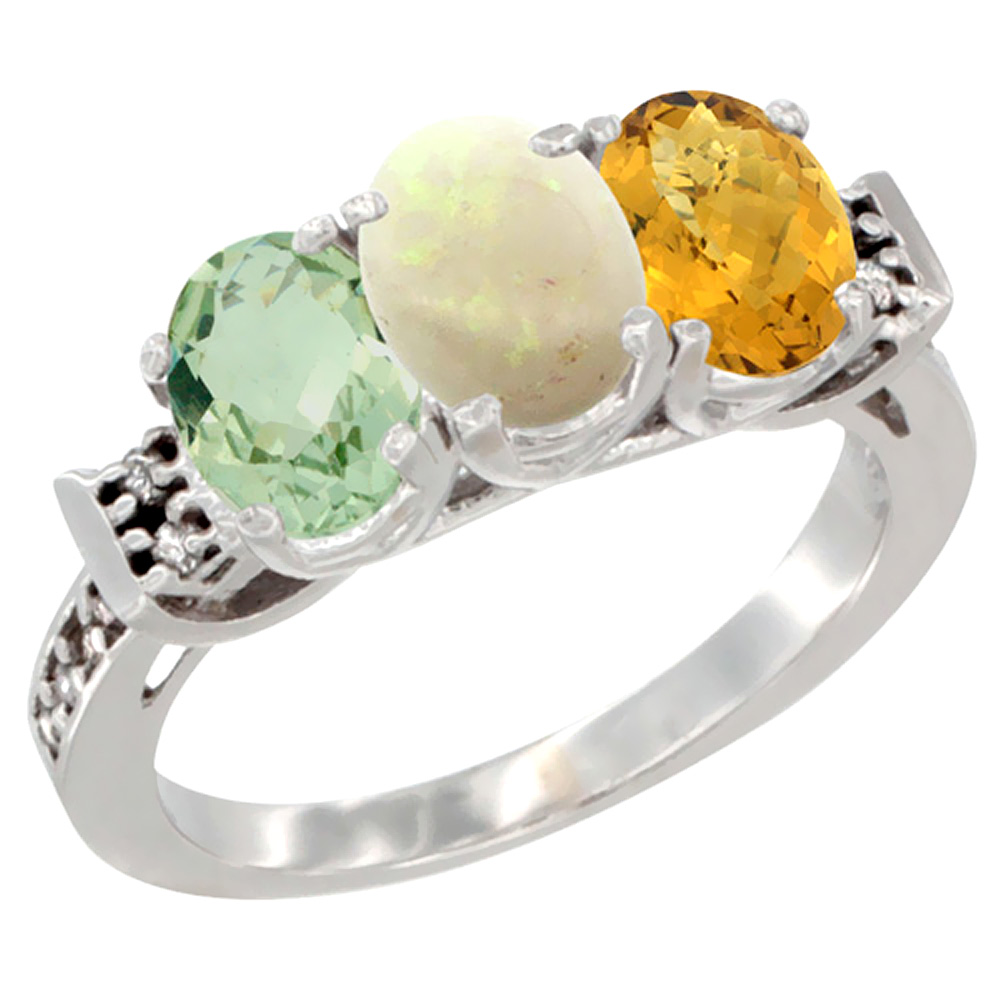 10K White Gold Natural Green Amethyst, Opal & Whisky Quartz Ring 3-Stone Oval 7x5 mm Diamond Accent, sizes 5 - 10