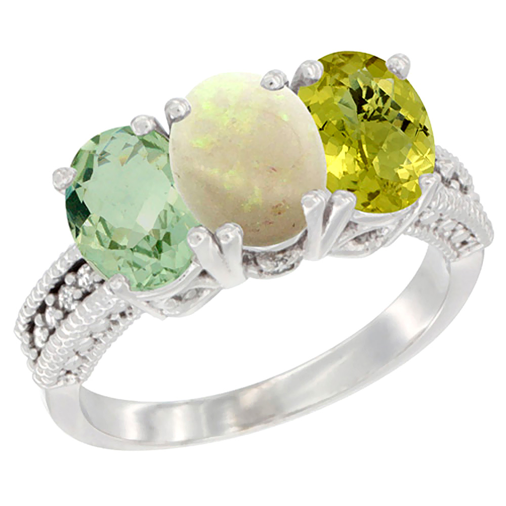 14K White Gold Natural Green Amethyst, Opal & Lemon Quartz Ring 3-Stone 7x5 mm Oval Diamond Accent, sizes 5 - 10