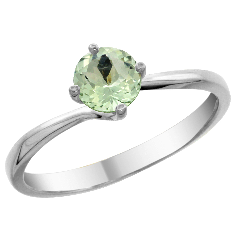 14K White Gold Natural Green Amethyst Solitaire Ring Round 6mm, sizes 5 - 10