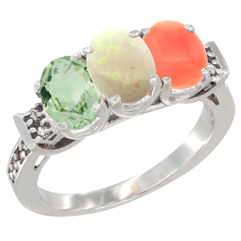 10K White Gold Natural Green Amethyst, Opal & Coral Ring 3-Stone Oval 7x5 mm Diamond Accent, sizes 5 - 10