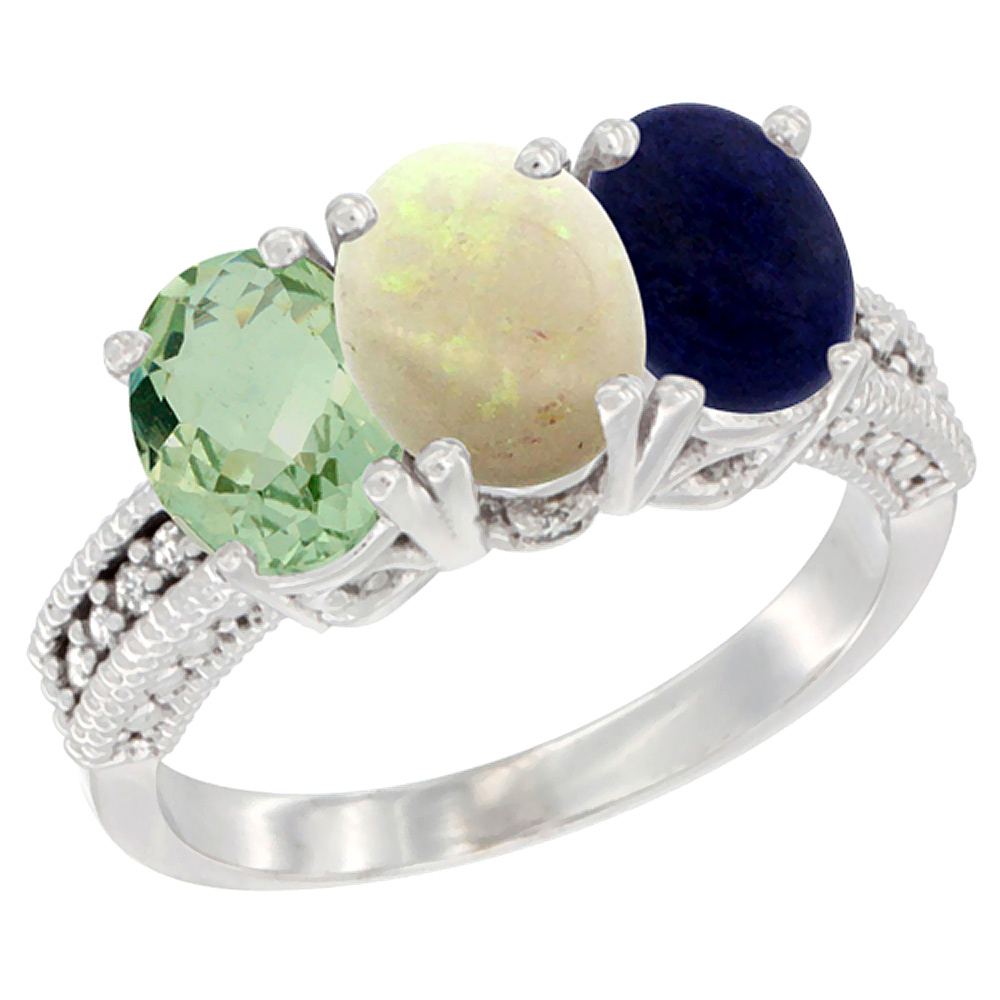 10K White Gold Natural Green Amethyst, Opal & Lapis Ring 3-Stone Oval 7x5 mm Diamond Accent, sizes 5 - 10