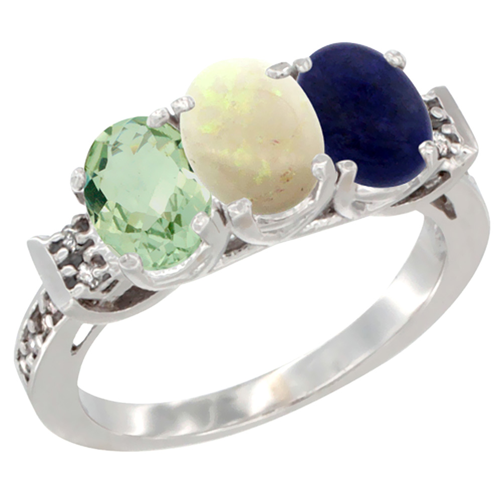 10K White Gold Natural Green Amethyst, Opal &amp; Lapis Ring 3-Stone Oval 7x5 mm Diamond Accent, sizes 5 - 10