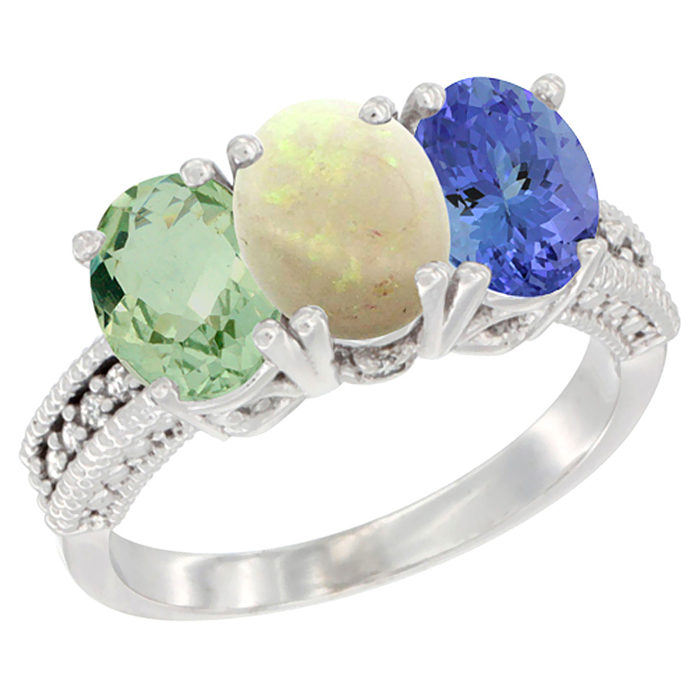 10K White Gold Natural Green Amethyst, Opal & Tanzanite Ring 3-Stone Oval 7x5 mm Diamond Accent, sizes 5 - 10