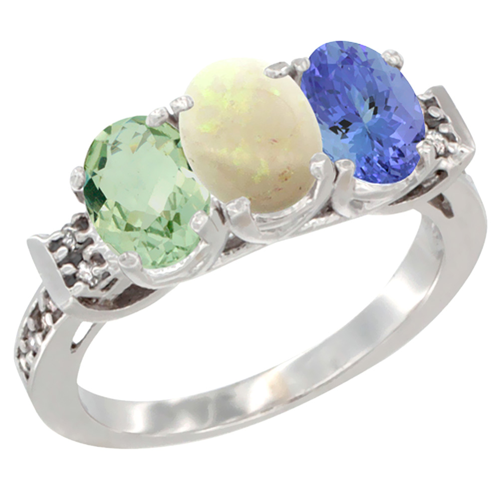 14K White Gold Natural Green Amethyst, Opal & Tanzanite Ring 3-Stone 7x5 mm Oval Diamond Accent, sizes 5 - 10