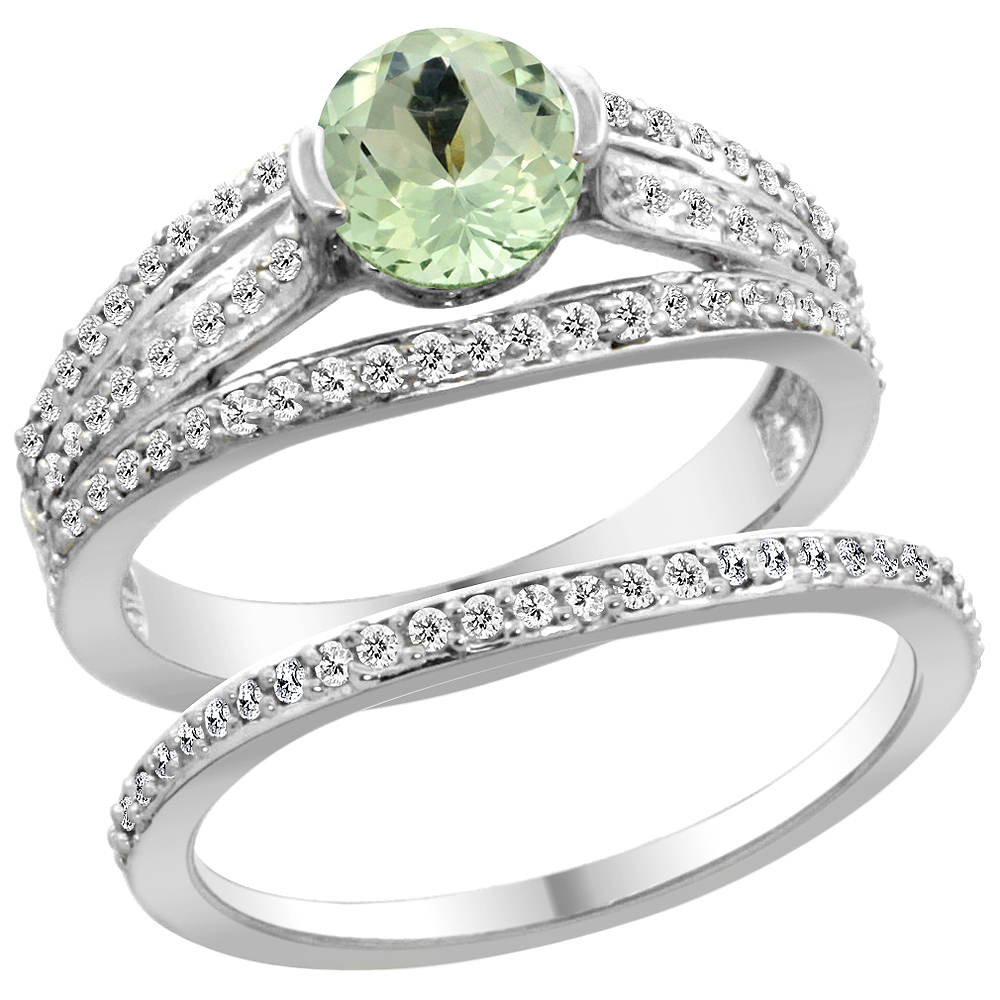 14K White Gold Natural Green Amethyst 2-piece Engagement Ring Set Round 6mm, sizes 5 - 10