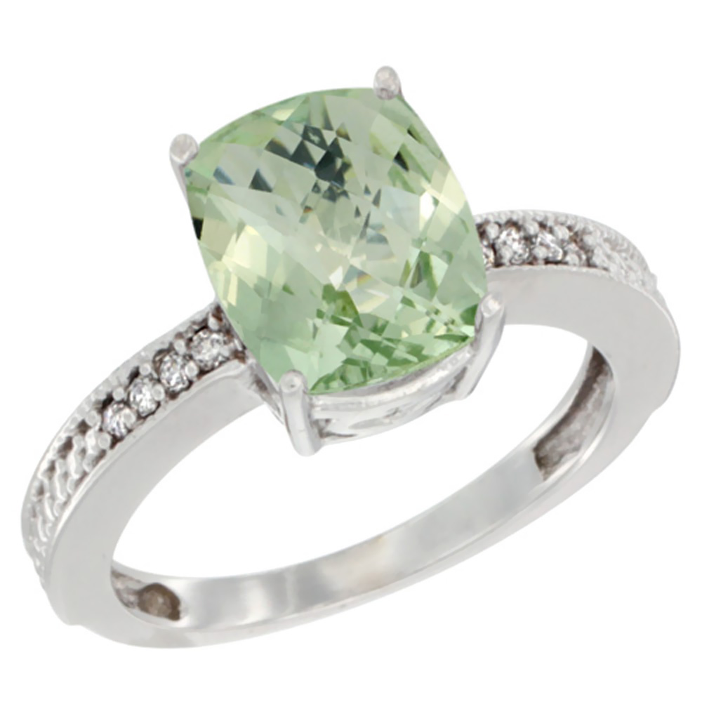 10K White Gold Diamond Cushion 10x8 mm Genuine Green Amethyst Stone Ring sizes 5 - 10