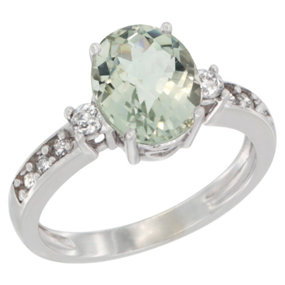 10K White Gold Genuine Green Amethyst Ring Oval 9x7 mm Diamond Accent sizes 5 - 10