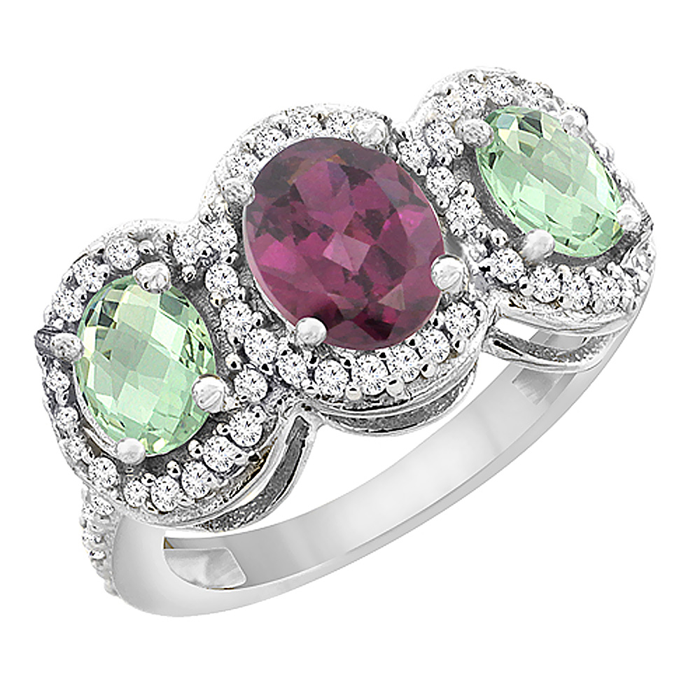 14K White Gold Natural Rhodolite &amp; Green Amethyst 3-Stone Ring Oval Diamond Accent, sizes 5 - 10