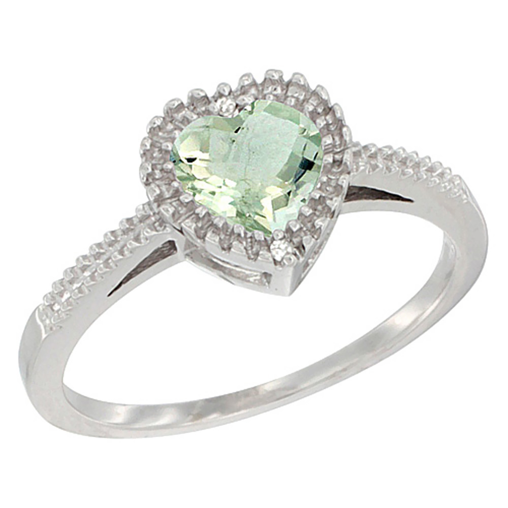 10K White Gold Natural Peridot Ring Heart 6x6 mm, sizes 5 - 10