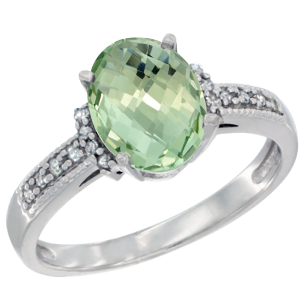 14K White Gold Natural Green Amethyst Ring Oval 9x7 mm Diamond Accent, sizes 5 - 10