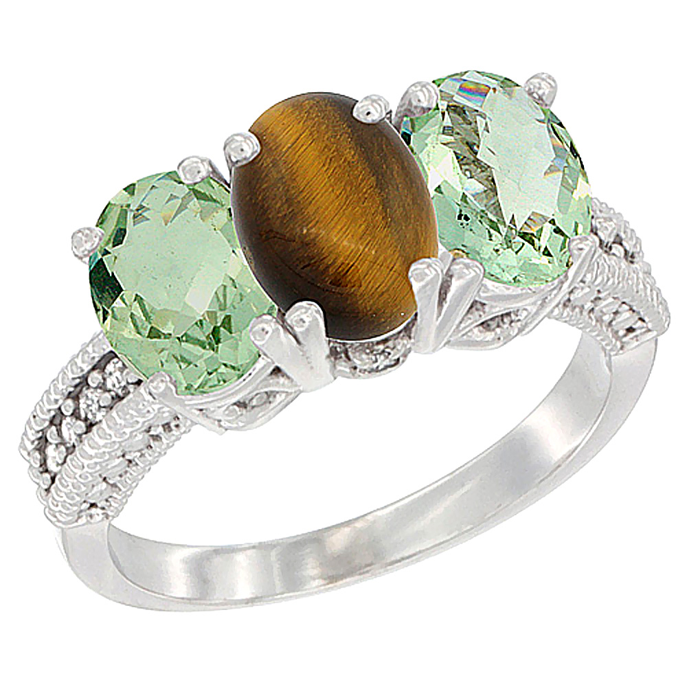 14K White Gold Natural Tiger Eye &amp; Green Amethyst Sides Ring 3-Stone 7x5 mm Oval Diamond Accent, sizes 5 - 10