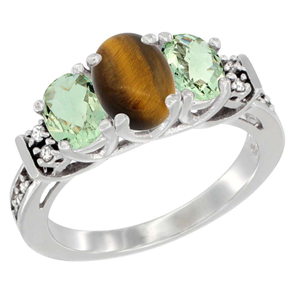10K White Gold Natural Tiger Eye & Green Amethyst Ring 3-Stone Oval Diamond Accent, sizes 5-10