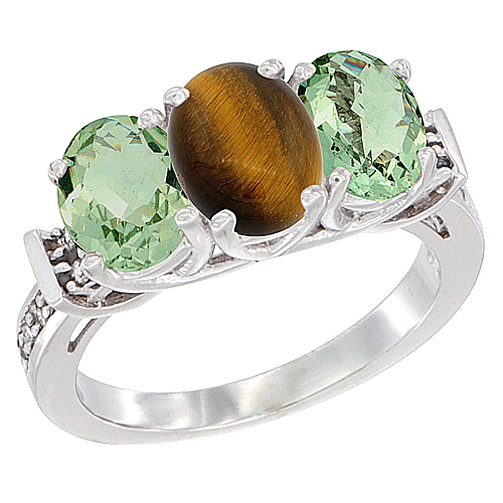 14K White Gold Natural Tiger Eye & Green Amethyst Sides Ring 3-Stone Oval Diamond Accent, sizes 5 - 10