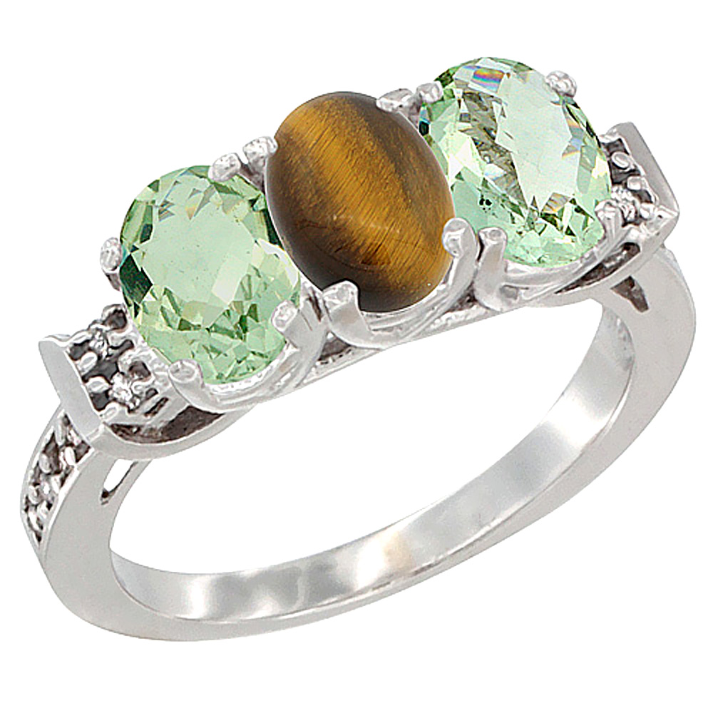 14K White Gold Natural Tiger Eye &amp; Green Amethyst Sides Ring 3-Stone 7x5 mm Oval Diamond Accent, sizes 5 - 10