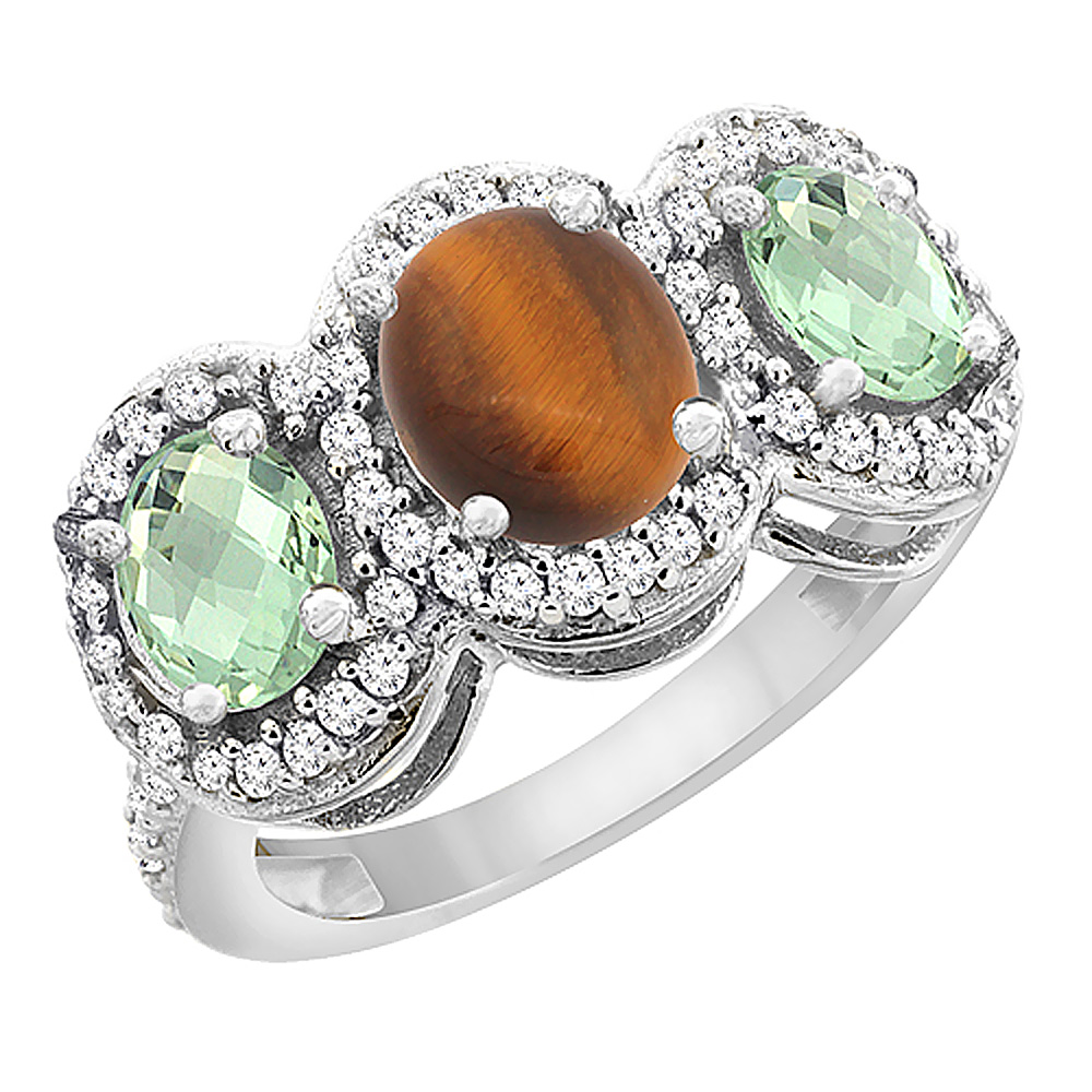 14K White Gold Natural Tiger Eye & Green Amethyst 3-Stone Ring Oval Diamond Accent, sizes 5 - 10