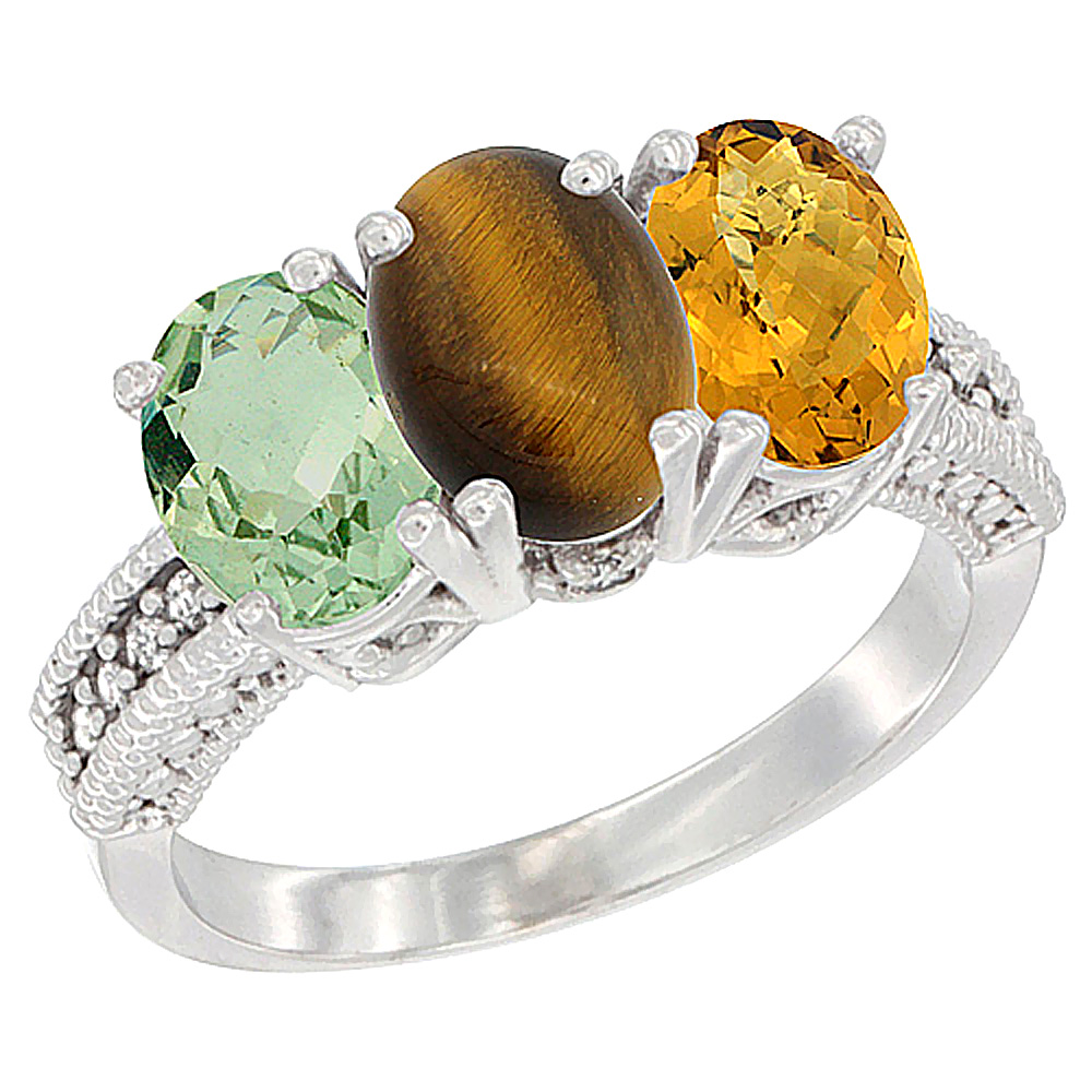 14K White Gold Natural Green Amethyst, Tiger Eye &amp; Whisky Quartz Ring 3-Stone 7x5 mm Oval Diamond Accent, sizes 5 - 10