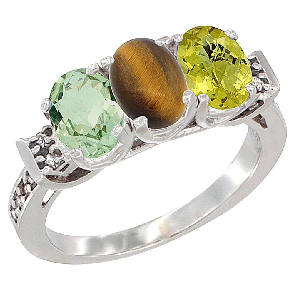 14K White Gold Natural Green Amethyst, Tiger Eye & Whisky Quartz Ring 3-Stone 7x5 mm Oval Diamond Accent, sizes 5 - 10