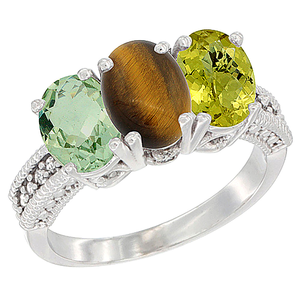 10K White Gold Natural Green Amethyst, Tiger Eye &amp; Lemon Quartz Ring 3-Stone Oval 7x5 mm Diamond Accent, sizes 5 - 10