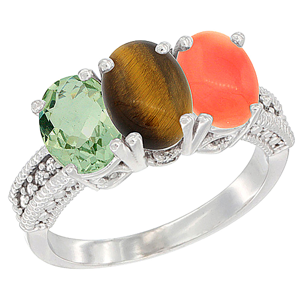 10K White Gold Natural Green Amethyst, Tiger Eye &amp; Coral Ring 3-Stone Oval 7x5 mm Diamond Accent, sizes 5 - 10